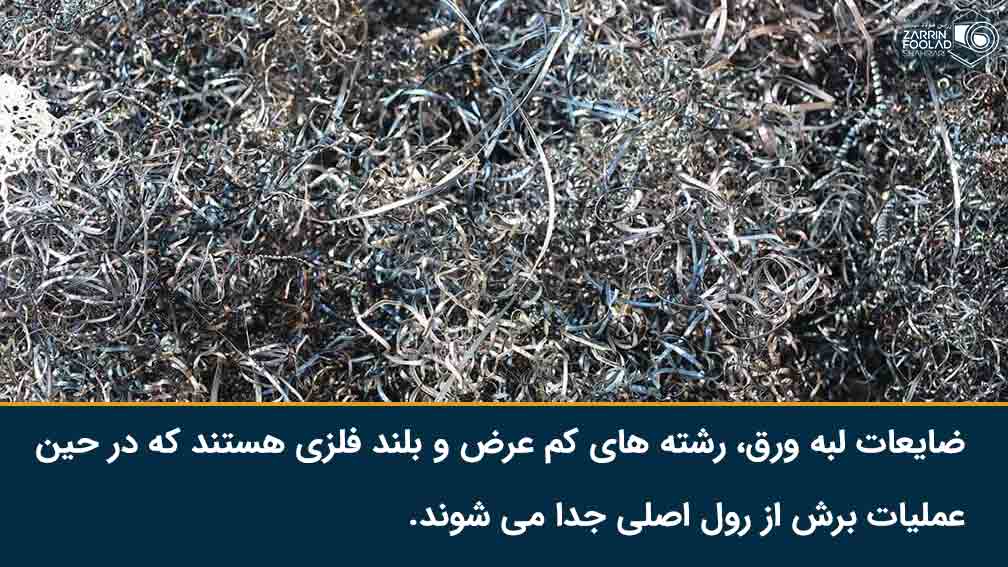 مقدار زیادی رشته فلزی از جنس فولاد گالوانیزه و روغنی که از لبه رول های فولادی بریده شده اند.