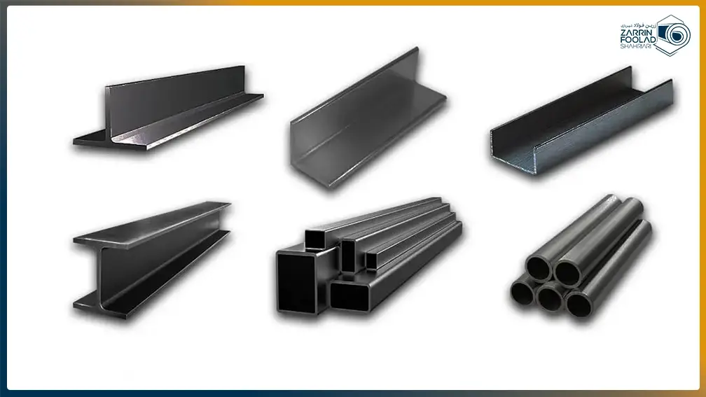 6 پروفیل آهنی در تصویر نمایش داده شده‌اند که شامل پروفیل u، نبشی، سپری، لوله، قوطی و تیرآهن می‌شود.
