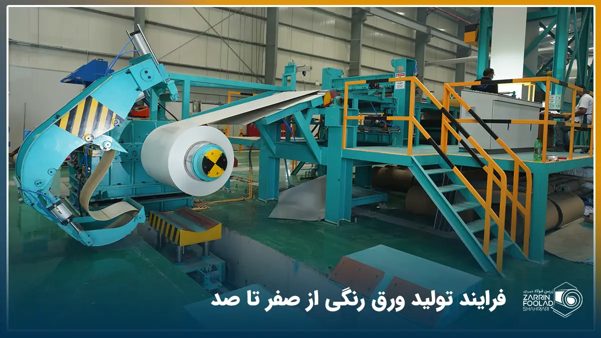 تصویری از خط تولید ورق رنگی که در آن رول سفید رنگ فولادی در حال ساخت است.