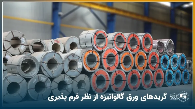 تعداد زیادی رول گالوانیزه از گریدهای مختلف روی هم چیده شده‌اند