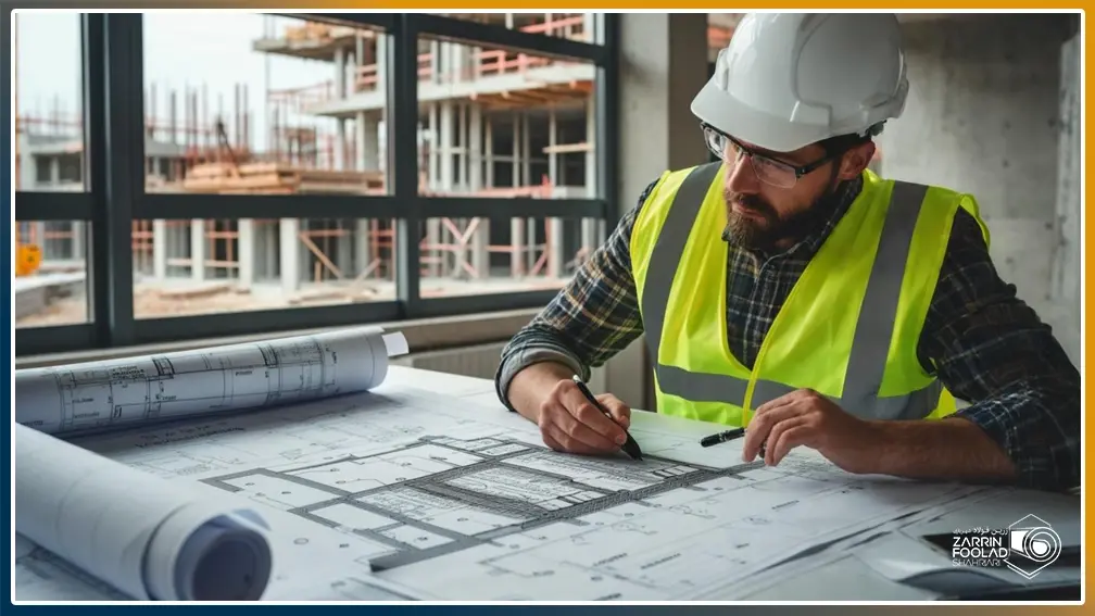 یک مهندس در حال انجام محاسبات و طراحی نقشه