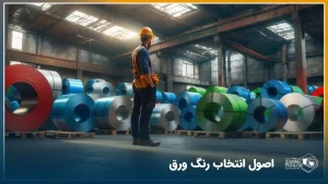 یک مرد در انبار ورق های فولادی رنگی در حال بررسی و انتخاب رنگ ورق