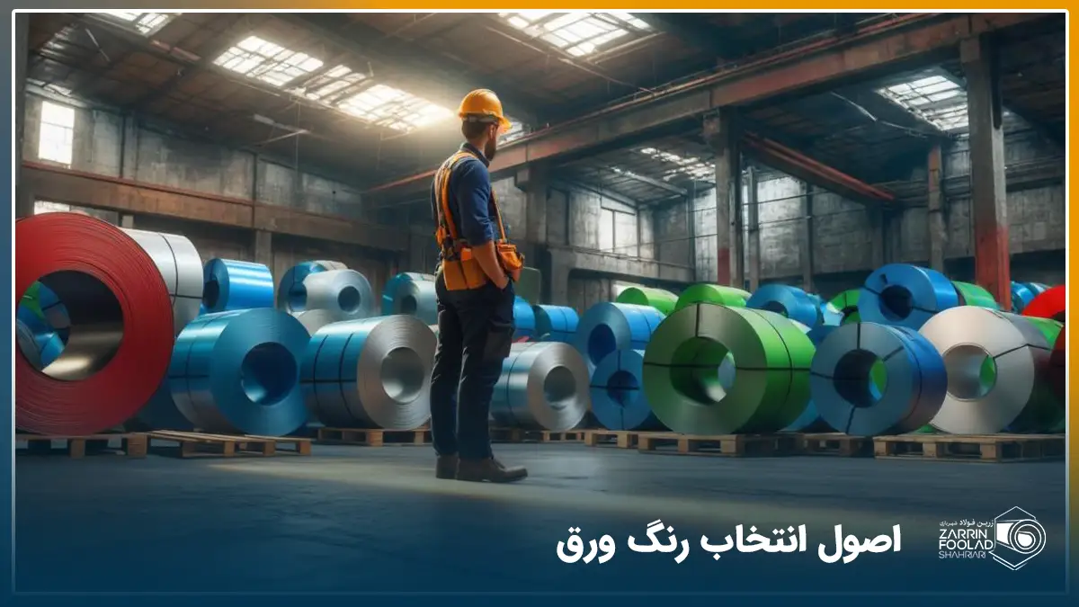 یک مرد در انبار ورق های فولادی رنگی در حال بررسی و انتخاب رنگ ورق