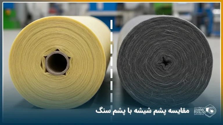 یک رول پشم شیشه در سمت چپ و یک رول پشم سنگ در سمت راست تصویر قرار داده شده است.