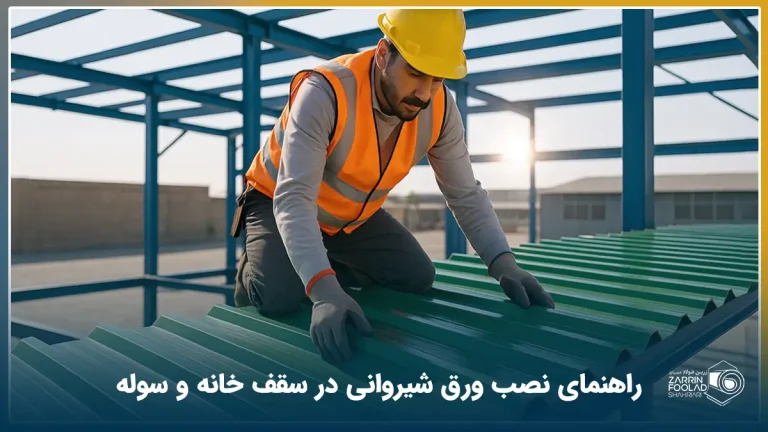اپراتور با رعایت اصول ایمنی در حال نصب ورق ذوزنقه سقف سوله است.