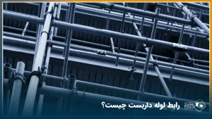 تصویر یک سازه موقت ساخته شده با لوله داربست در مقابل یک ساختمان نیمه کاره