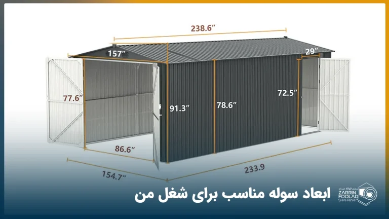 مدل سه بعدی ساختمان سوله که در آن ابعاد هر بخش مشخص شده است
