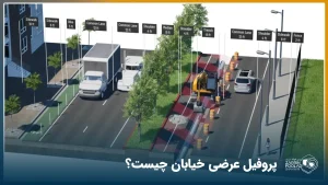 تصویر ساخته شده از یک خیابان که در آن پروفیل‌های عرضی با رنگ سفید عمود بر سطح زمین ترسیم شده‌اند.