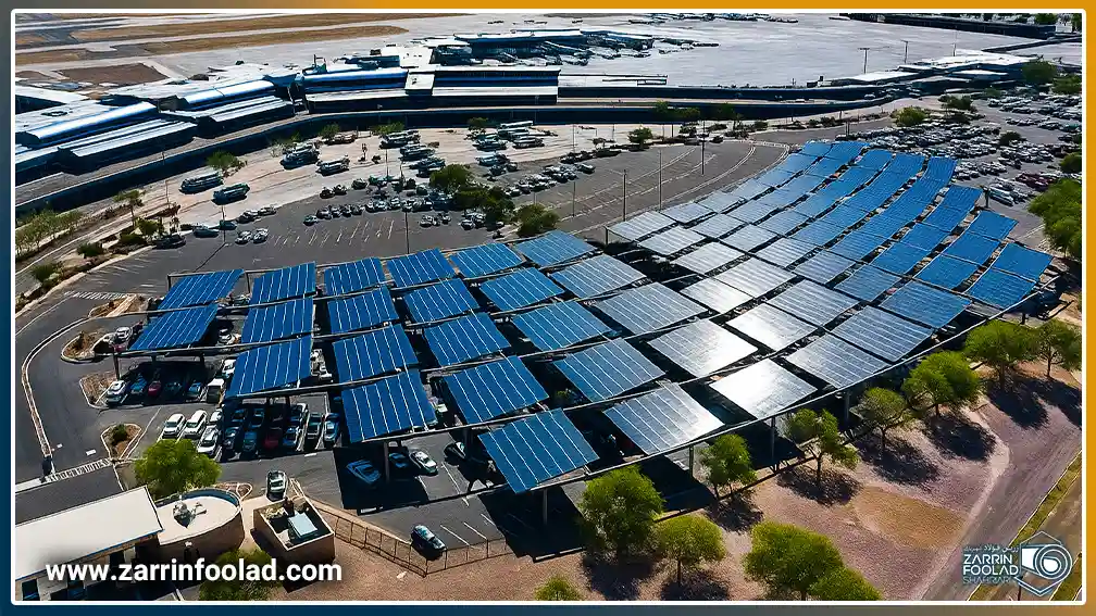 سقف پارکینگ یک شرکت که با پنل خورشیدی ساخته شده است.