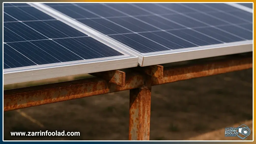 پایه زنگ زده یک پنل خورشیدی از زاویه نزدیک
