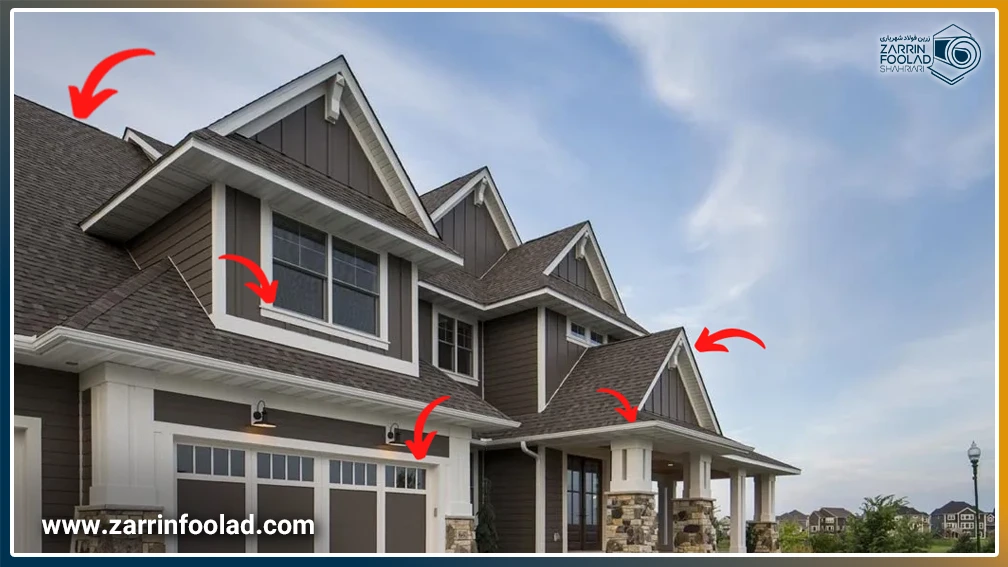 یک ساختمان که محل قرارگیری فلاشینگ در سقف، پنجره و دیوارهای آن مشخص شده است.