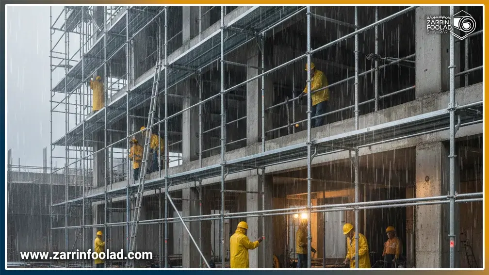 یک ساختمان که در نمای بیرونی آن داربست فلزی نصب شده است.