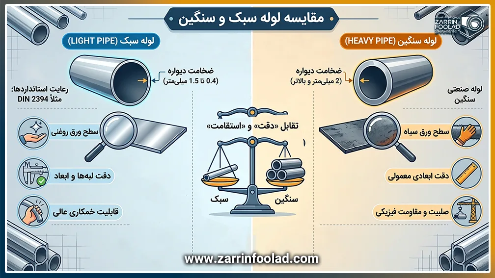 تصویر مقایسه ای از لوله سبک و سنگین فولادی  