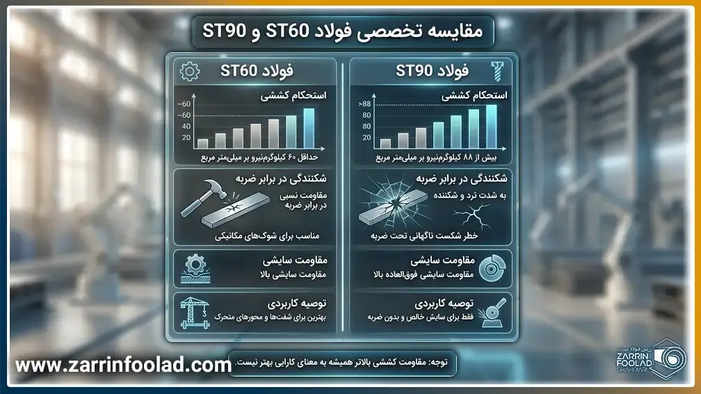 جدول مقایسه ای دو فولاد ST60 و ST90 در این تصویر با رسم شکل نشان داده شده است. 