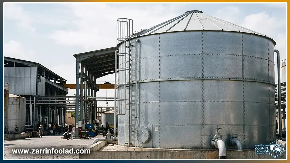 یک مخزن بزرگ ساخته شده با ورق گالوانیزه در محیط صنعتی