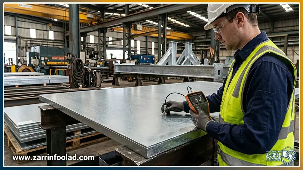 یک اپراتور در حال تست ضخامت ورق گالوانیزه در محیط کارگاهی است. 