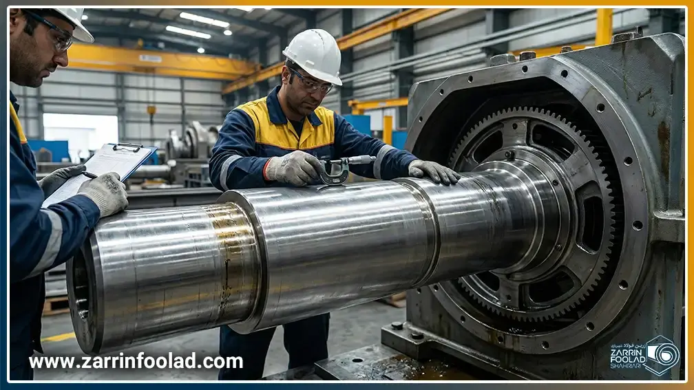 دو مهندس در کارگاه در حال بررسی قطعه ساخته شده با فولاد ST60 هستند. 