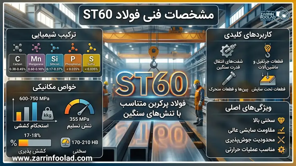 اینفوگرافی مشخصات فنی فولاد ST60 با رسم شکل در تصویر نمایش داده شده است. 