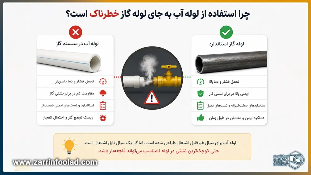 نمایش خطرات استفاده از لوله آب در سیستم گاز شامل نشتی، کاهش ایمنی و افزایش ریسک انفجار