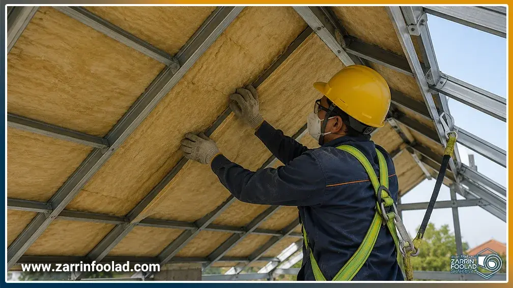 یک اپراتور با رعایت کامل موارد ایمنی در حال زیر سازی سقف شیروانی است.