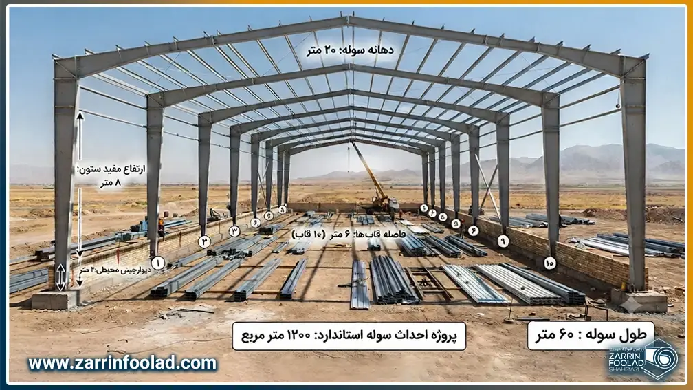 نمایش ابعاد یک سوله استاندارد شامل طول، دهانه، ارتفاع مفید ستون و فاصله میان قاب‌ها.