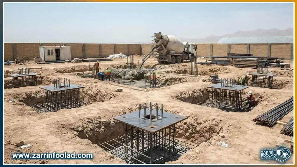 اجرای فونداسیون سوله شامل گودبرداری، آرماتوربندی، نصب صفحه ستون و بتن‌ریزی.